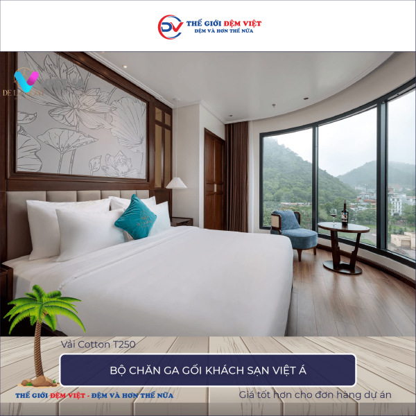 Bộ chăn ga gối khách sạn Việt Á vải Cotton T250 trắng trơn 2